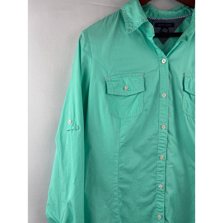 Tommy Hilfiger Womens Green Button-Down Shirt L 100% Cotton Long Sleeve Collared Casual