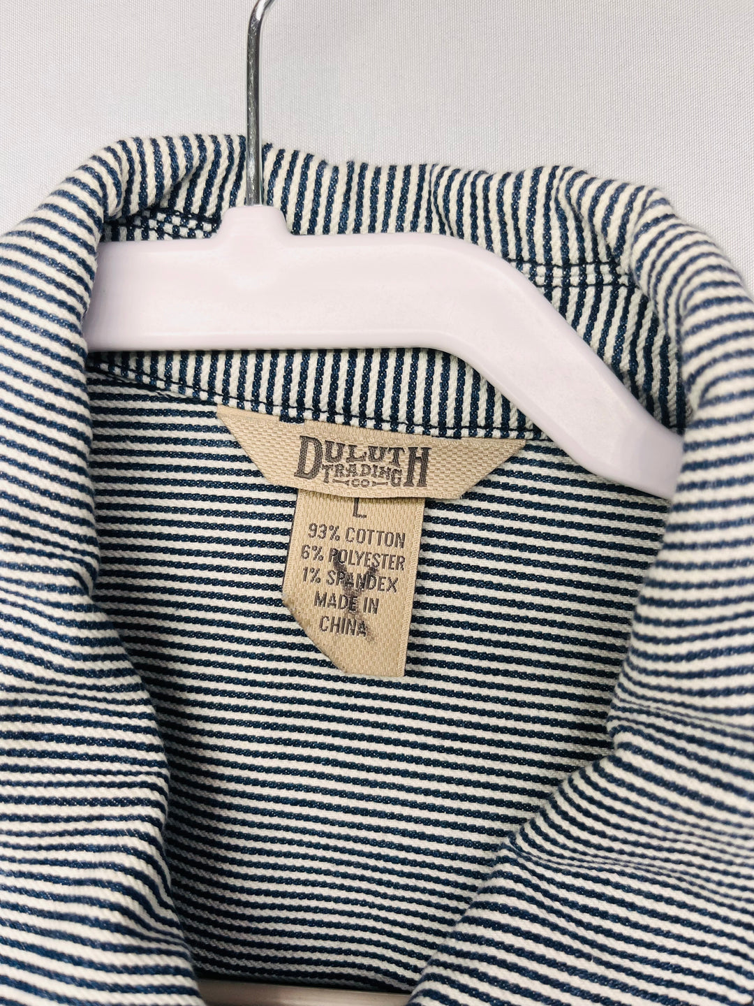 Duluth Trading Co Hickory Stripe Chore Coat Workwear Railroad inspired Denim Jacket