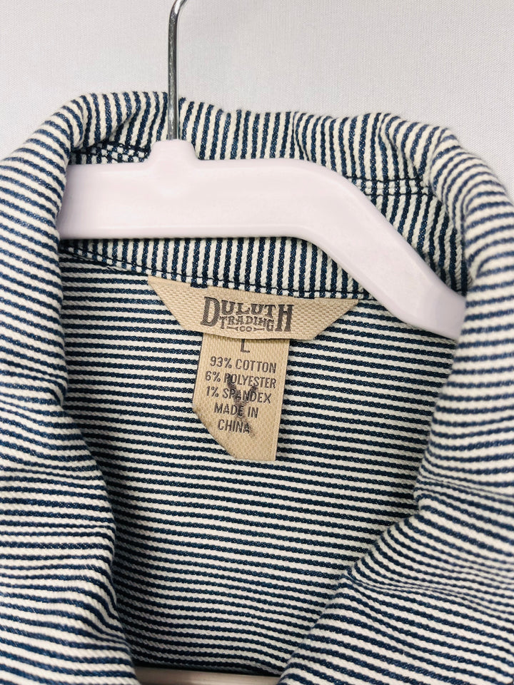 Duluth Trading Co Hickory Stripe Chore Coat Workwear Railroad inspired Denim Jacket