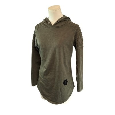 Olive Green Ribbed Knit Hoodie Sweatshirt With Pleated Shoulders & Hooded Design