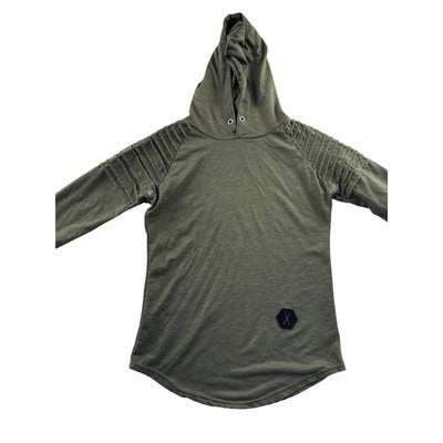 Olive Green Ribbed Knit Hoodie Sweatshirt With Pleated Shoulders & Hooded Design