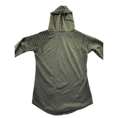 Olive Green Ribbed Knit Hoodie Sweatshirt With Pleated Shoulders & Hooded Design