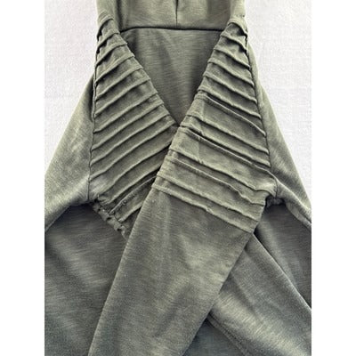 Olive Green Ribbed Knit Hoodie Sweatshirt With Pleated Shoulders & Hooded Design