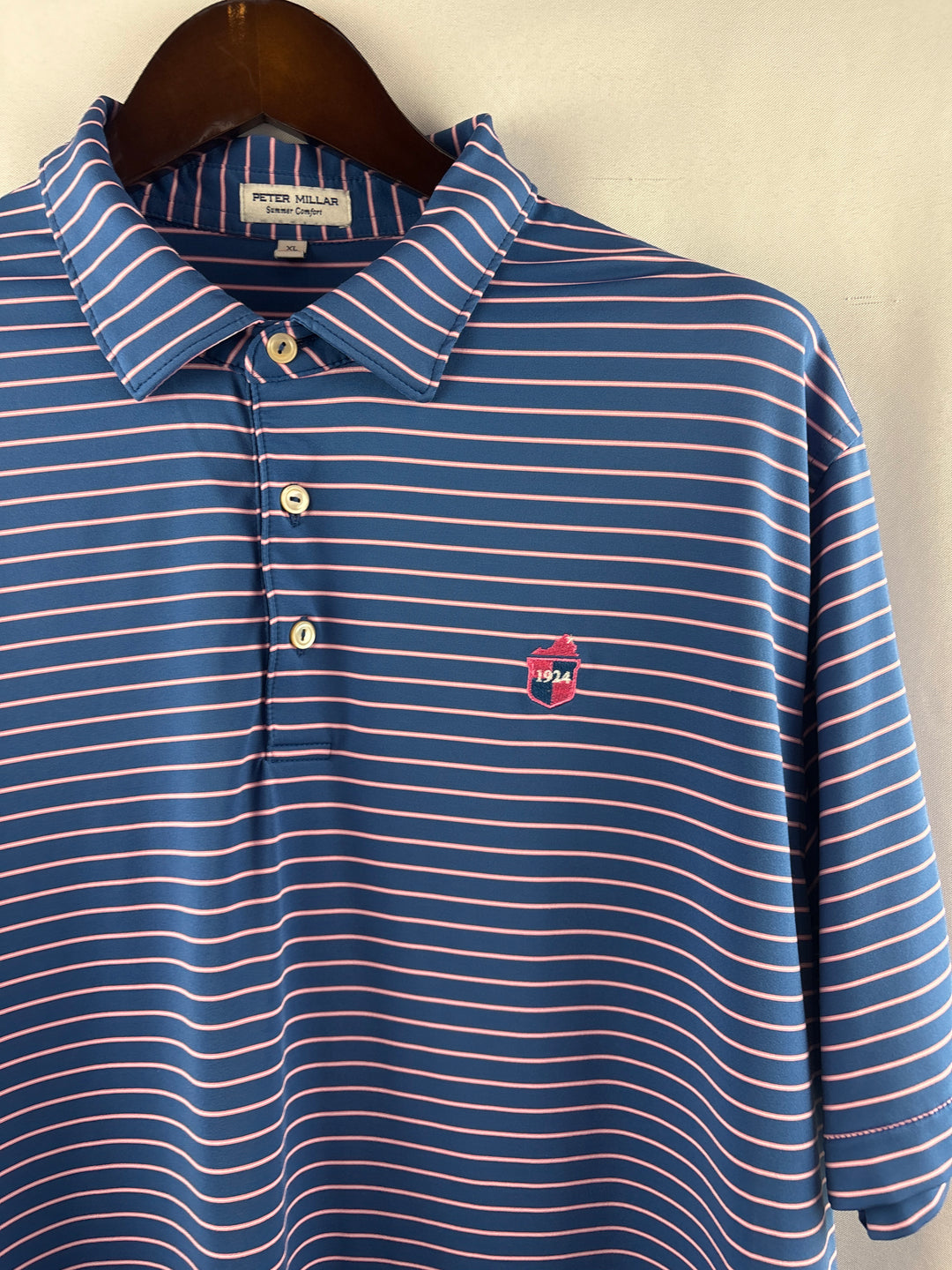Men’s Peter Millar XL Blue &amp; Pink Striped Golf Polo