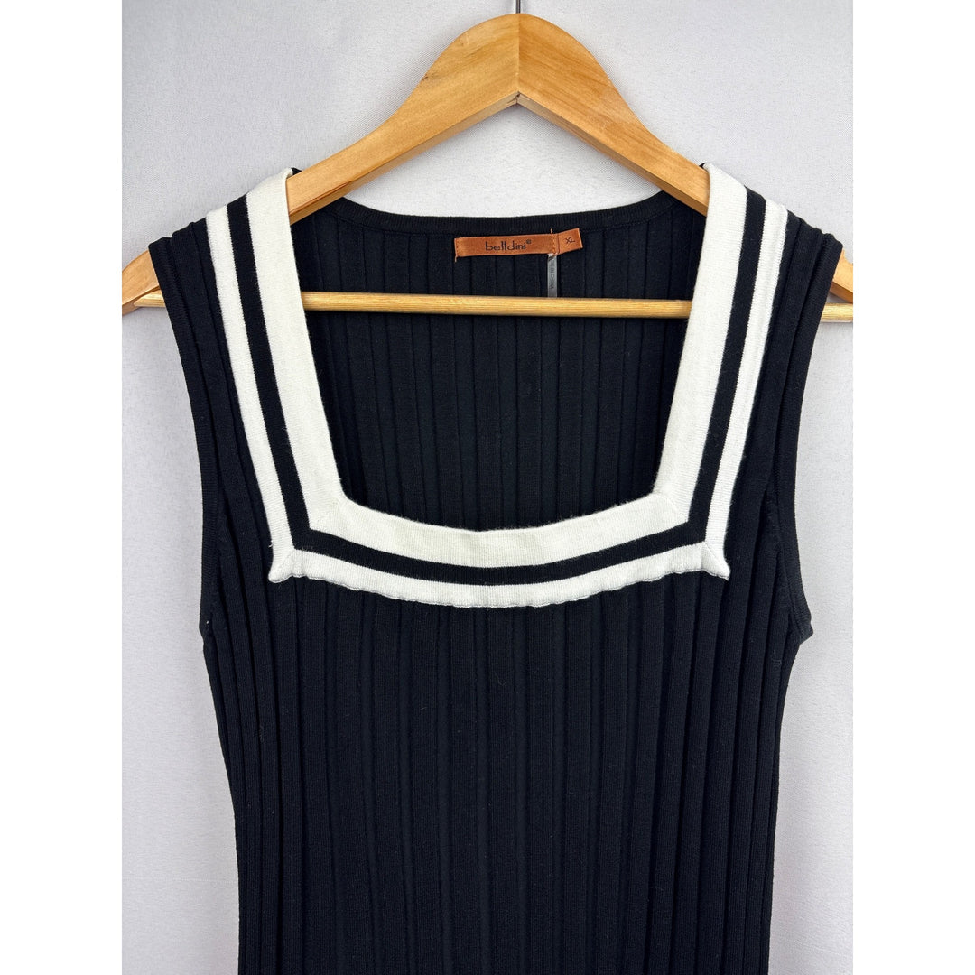 Belldini Womens XL Navy & White Ribbed Sleeveless Knit Top With Square Neckline