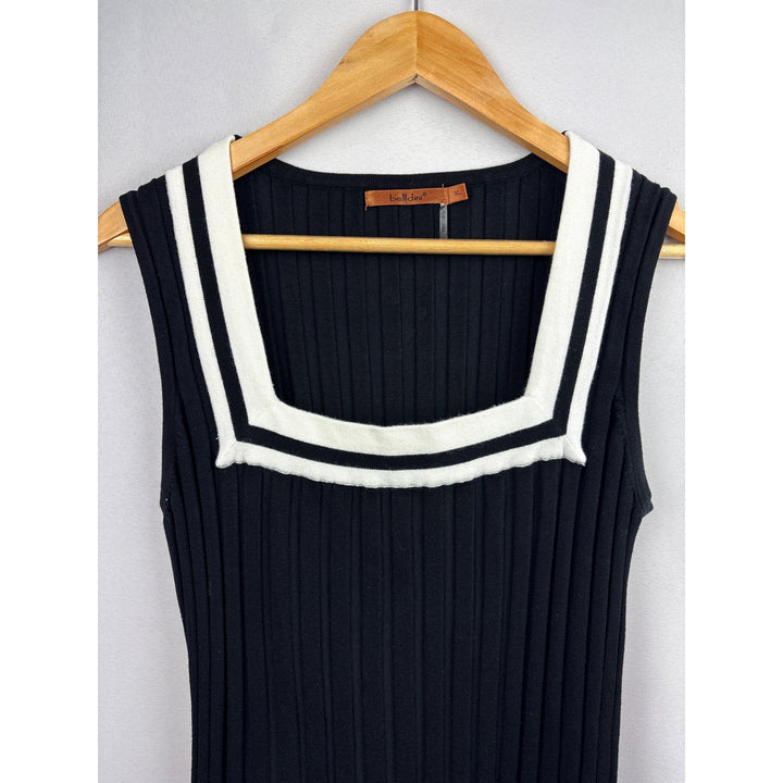 Belldini Womens XL Navy & White Ribbed Sleeveless Knit Top With Square Neckline