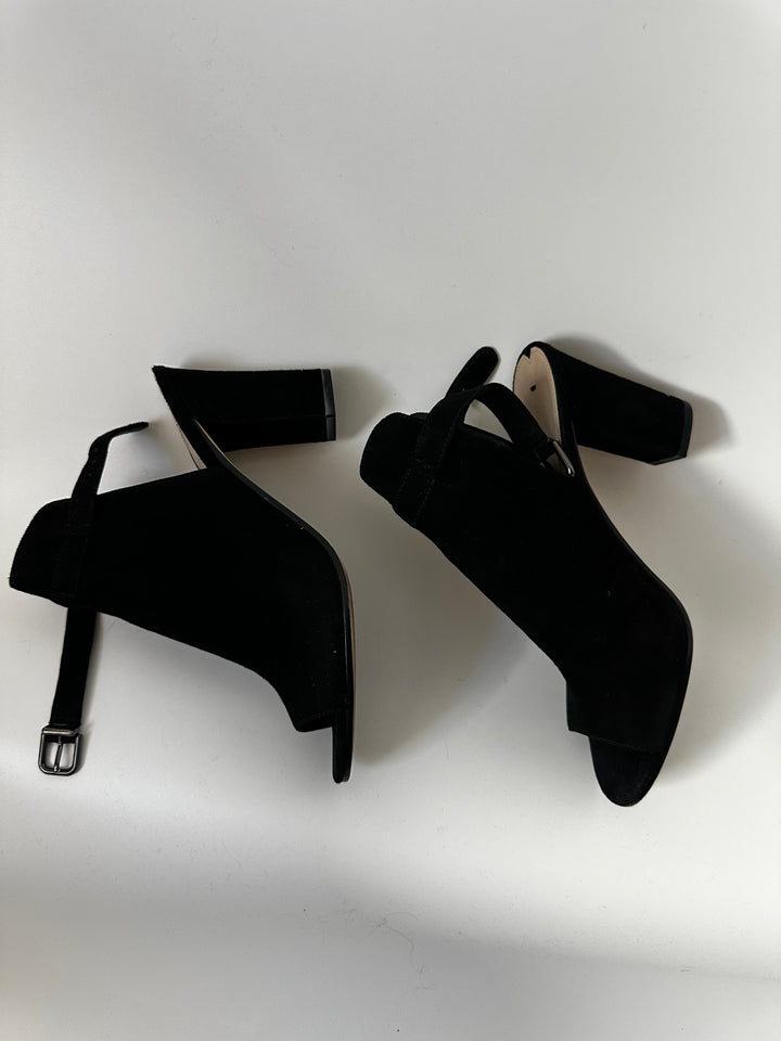 Via Spiga Black Suede Open Toe Ankle Booties Block Heel Size 8