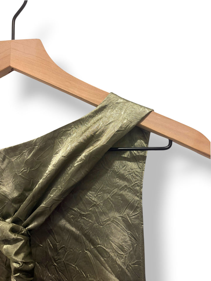 ASOS Design Olive Sage Green Crushed Satin Maxi Dress Size 14 Halter Evening Y2K