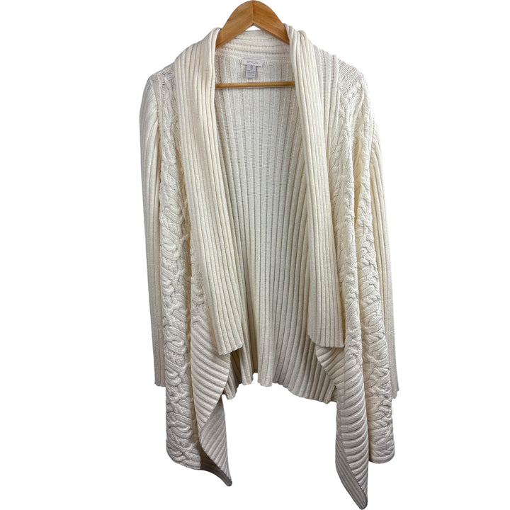 Chicos Womens Open Front Cardigan Sweater Size XL Ivory Ribbed Knit