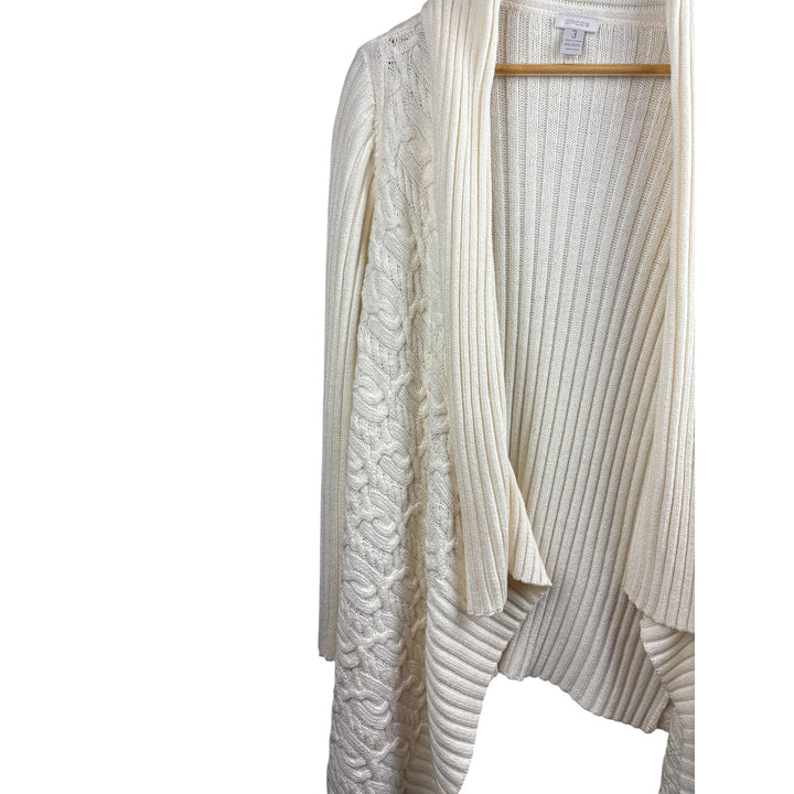 Chicos Womens Open Front Cardigan Sweater Size XL Ivory Ribbed Knit