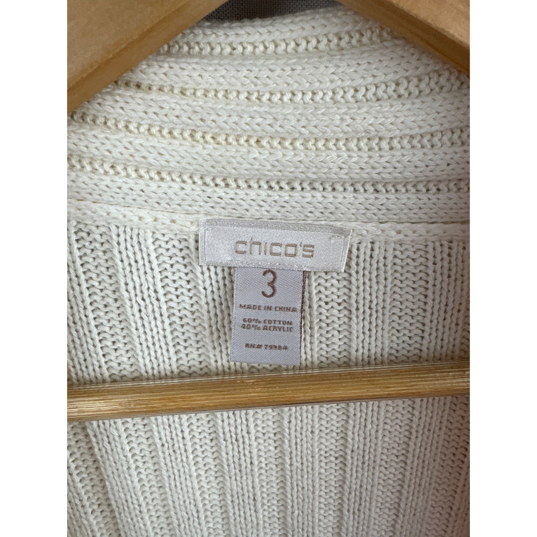 Chicos Womens Open Front Cardigan Sweater Size XL Ivory Ribbed Knit