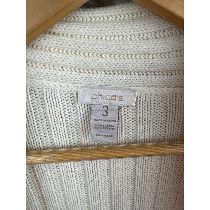 Chicos Womens Open Front Cardigan Sweater Size XL Ivory Ribbed Knit