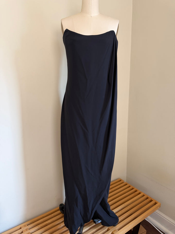 Vintage 1990s Calvin Klein Black Strapless Draped Column Maxi Gown