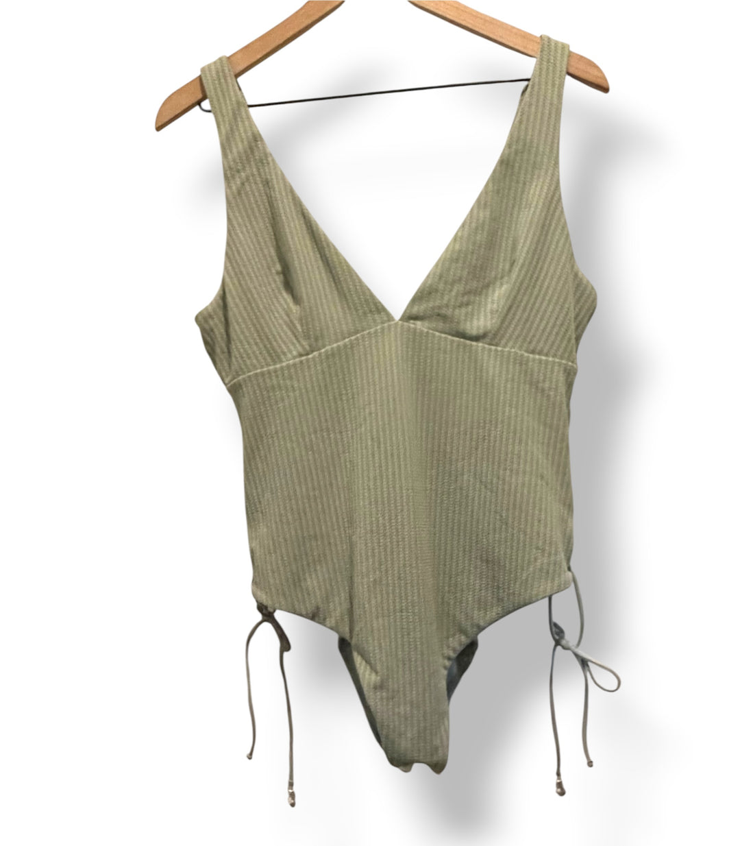 ASOS DESIGN Sage Green Ribbed Mesh Side Lace-Up One Piece Swimsuit Size 12 NWOT