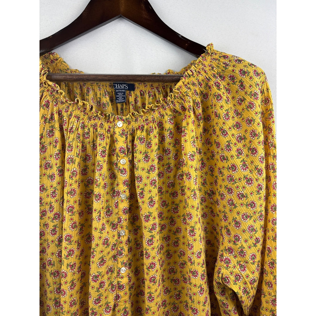 Women’s Chaps 2X Yellow 3/4 Button Blouse w/ Pink Florals.