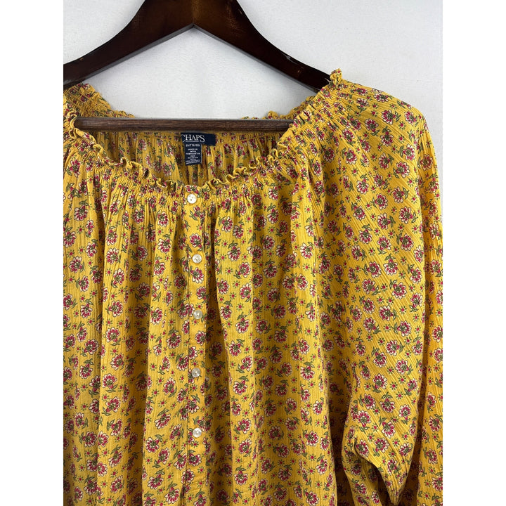 Women’s Chaps 2X Yellow 3/4 Button Blouse w/ Pink Florals.