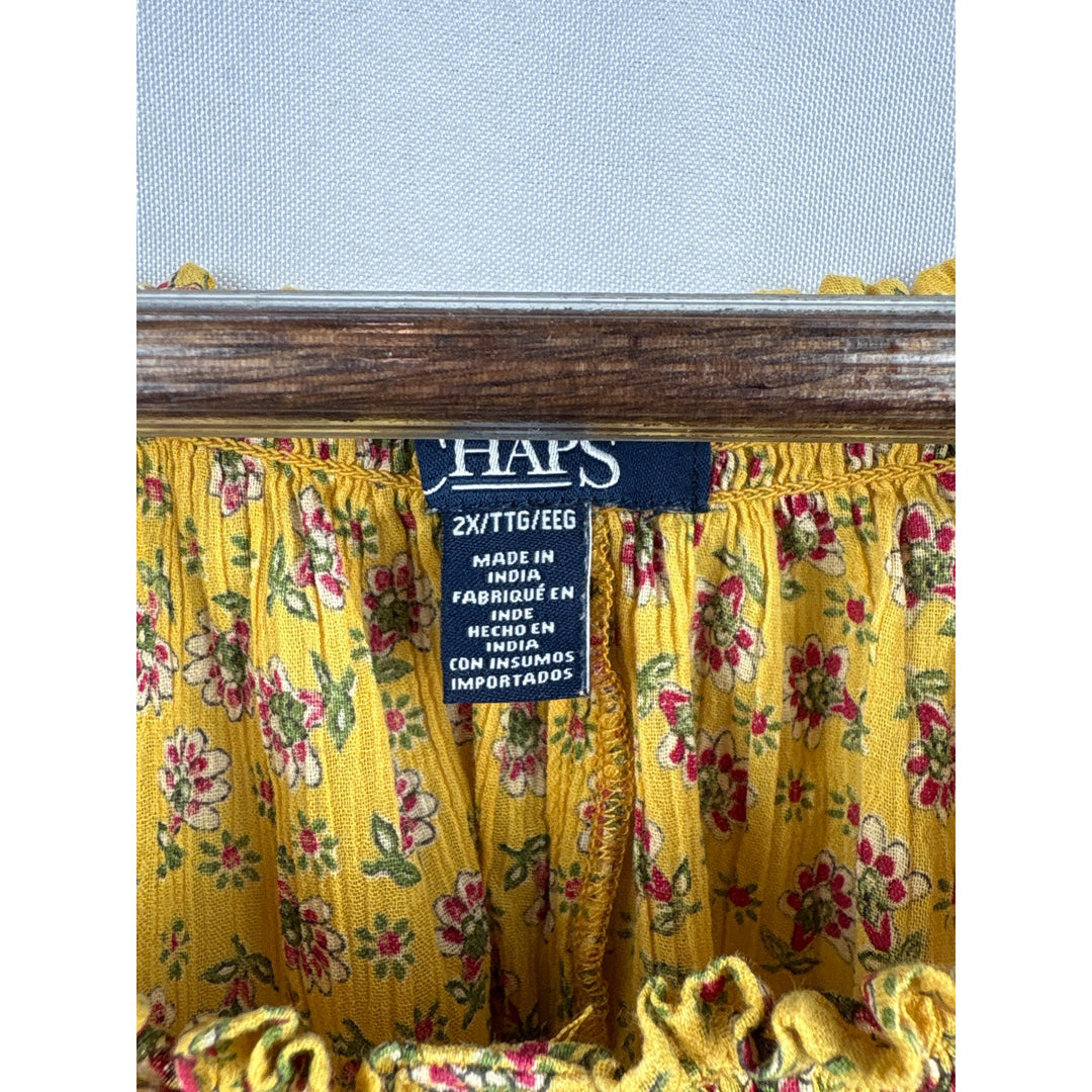 Women’s Chaps 2X Yellow 3/4 Button Blouse w/ Pink Florals.