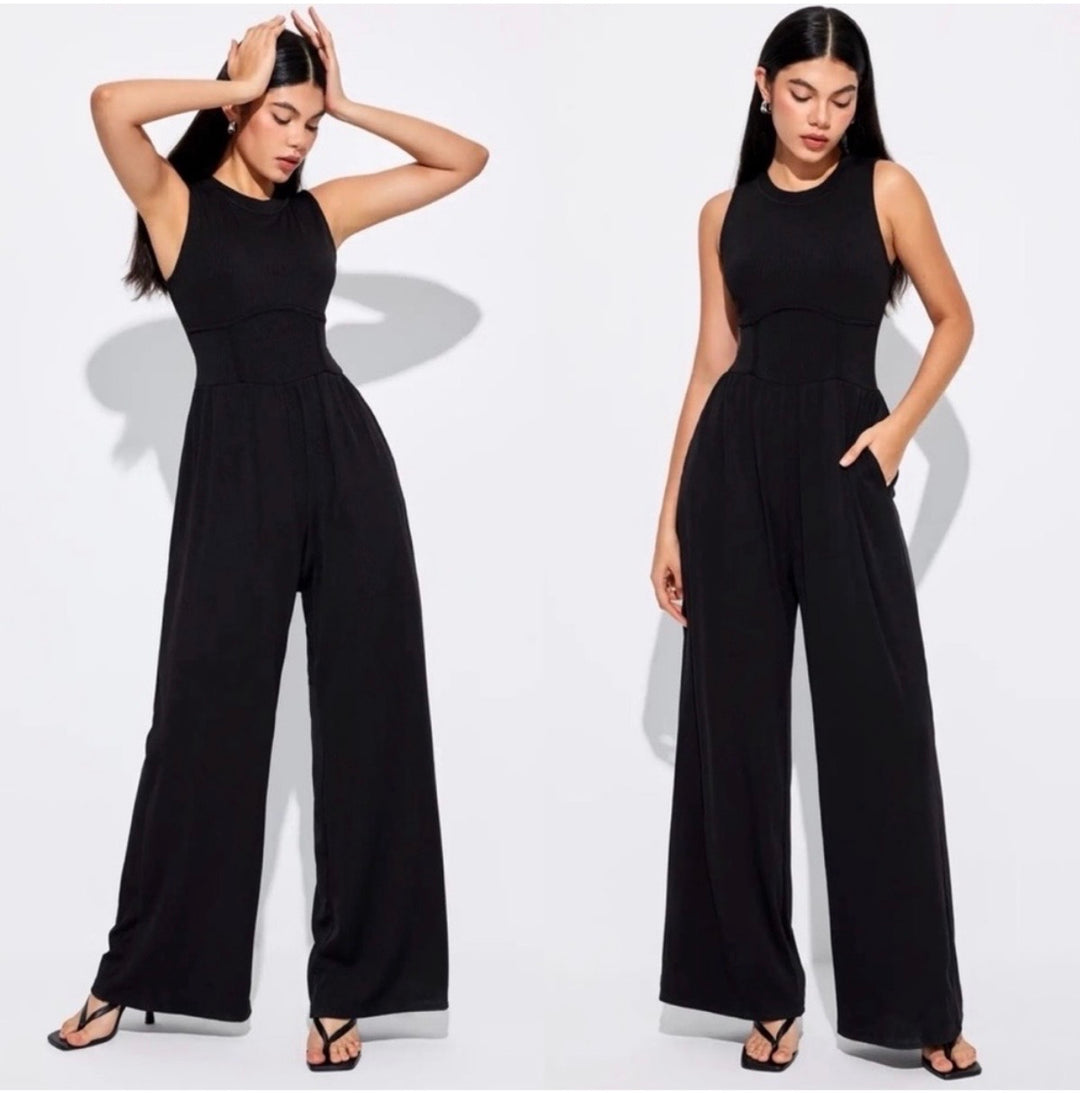 Cider Black Ribbed Wide‑Leg Jumpsuit – Corset Waist SzXL NWT