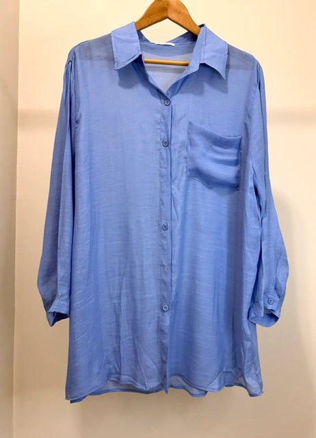 Breezy Lane Oversized Button Front Blouse Light Blue SzXL