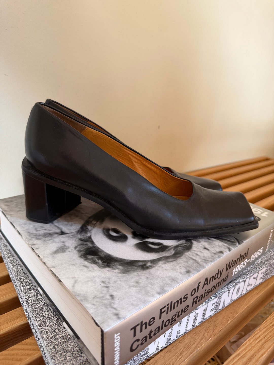 Vintage Audley Black Leather Square Toe Block Heel Pumps Size 38