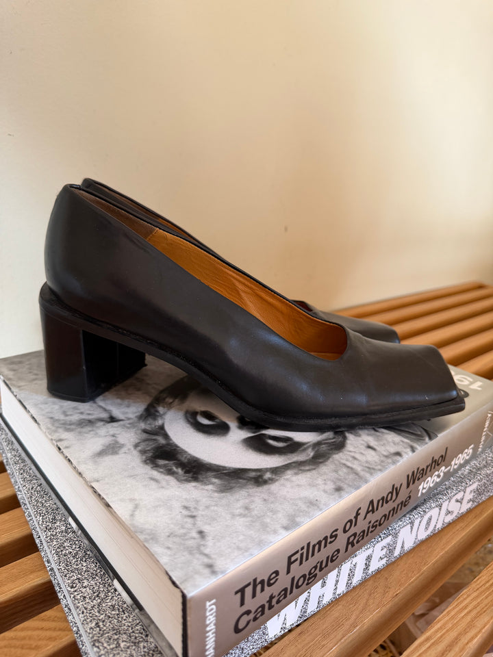 Vintage Audley Black Leather Square Toe Block Heel Pumps Size 38
