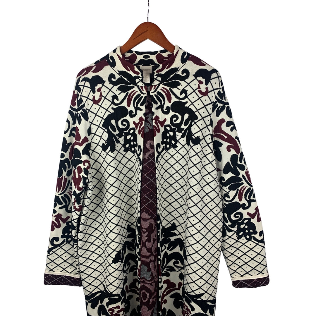 Chicos Multicolor Knit Long Cardigan Jacket Size 3 - Nylon/Rayon Blend Intricate Pattern Design