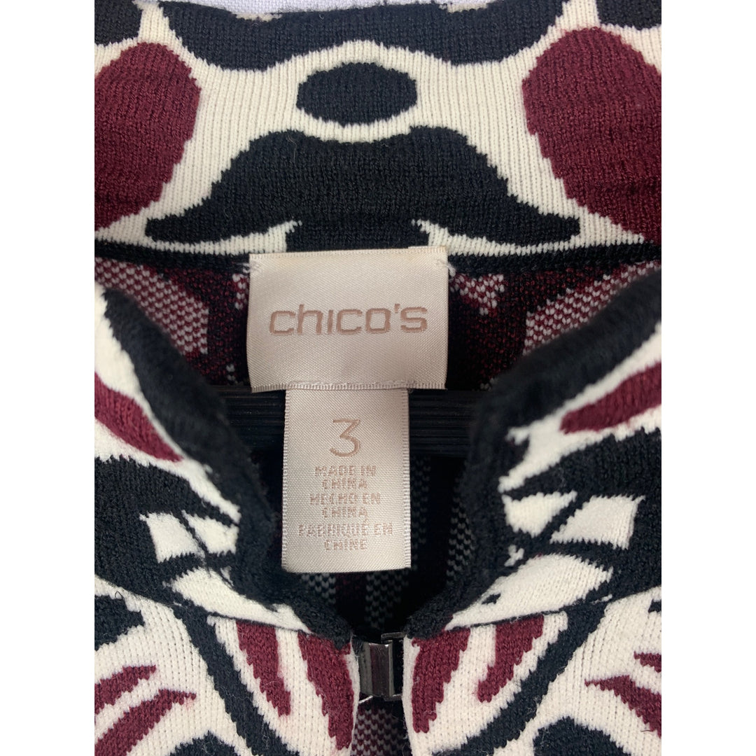 Chicos Multicolor Knit Long Cardigan Jacket Size 3 - Nylon/Rayon Blend Intricate Pattern Design