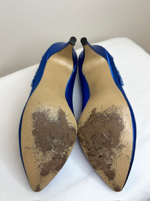 Vintage Nouveau 90s Royal Blue Satin Beaded Pumps Sz 7