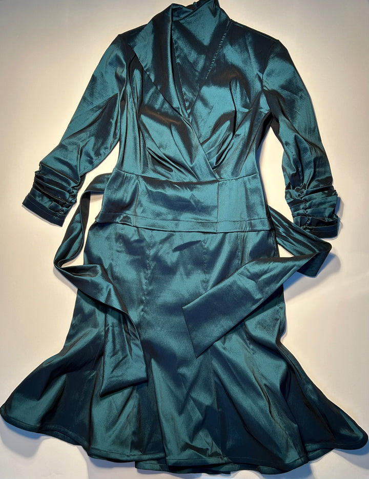 Tadashi Collection Women’s Size 8 Deep Teal Blue Green Satin Tie Waist Midi Dress Ruched Sleeve cocktail