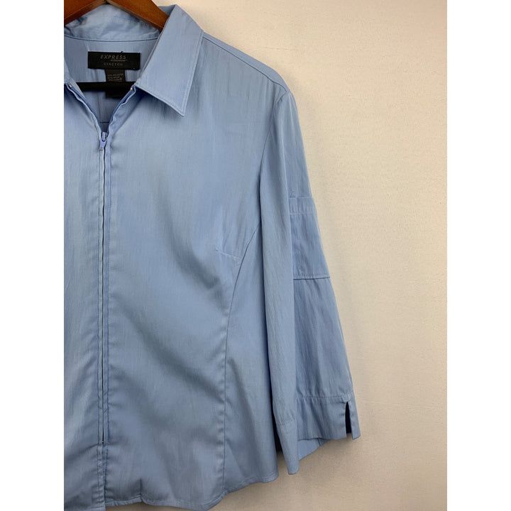 Express Womens Stretch 3/4 Sleeve Blue Zip-Up Collared Shirt