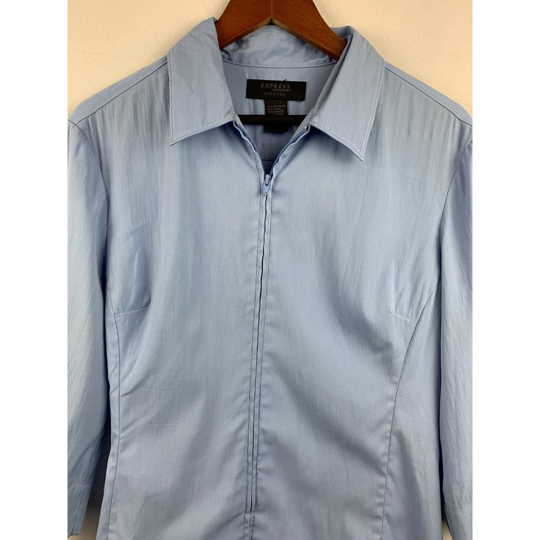 Express Womens Stretch 3/4 Sleeve Blue Zip-Up Collared Shirt