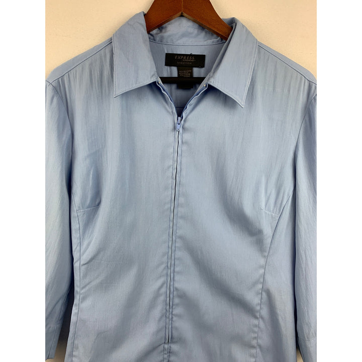 Express Womens Stretch 3/4 Sleeve Blue Zip-Up Collared Shirt