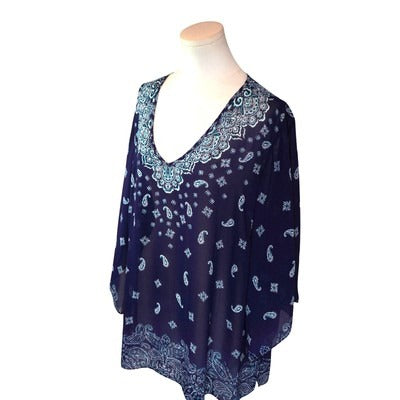 Women's Belle Blue Blouse with Pattern V-Neck - Size XL