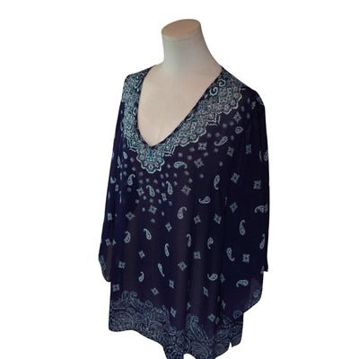 Women's Belle Blue Blouse with Pattern V-Neck - Size XL