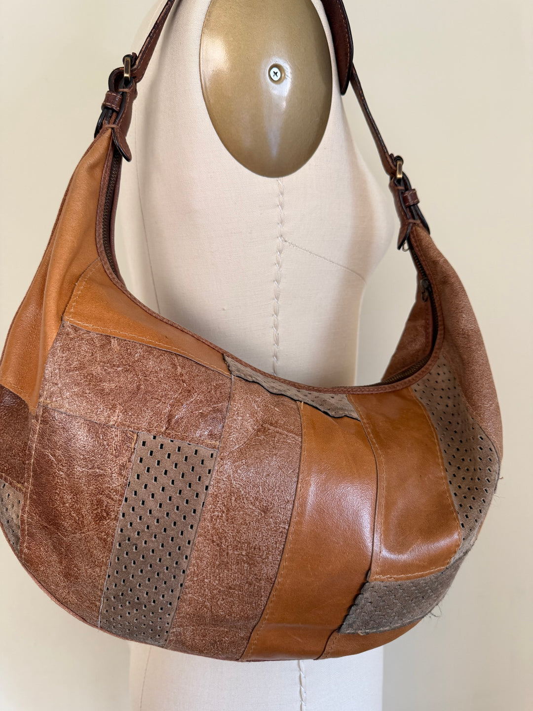 Vintage Christian Dior Brown Patchwork Leather Hobo Shoulder Bag Y2K