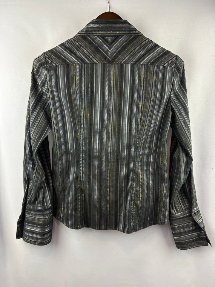 Women’s Tribal Size 4 Black, Gray, & Gold Striped Button Up