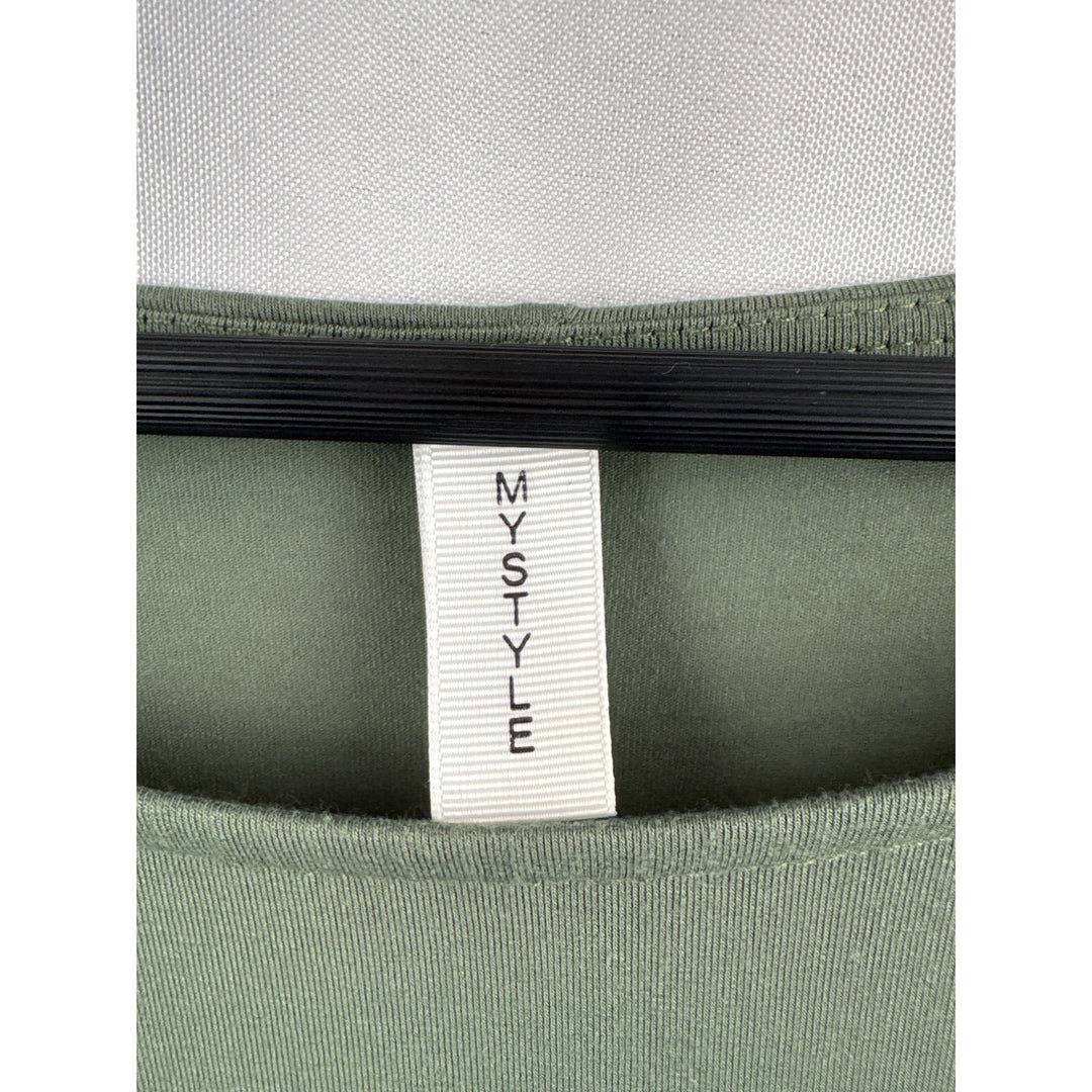 Women’s Mystyle Size 2 Army Green Short Sleeve Shirt with Tieknot