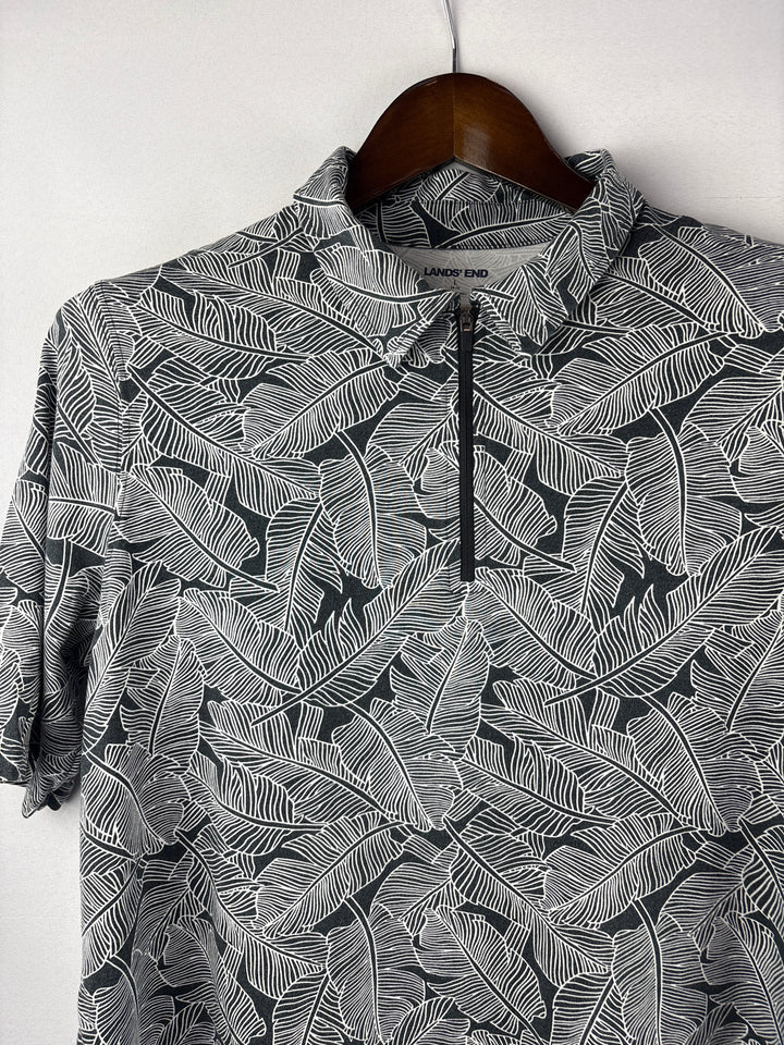 Women’s Lands’ End Large Black &amp; White Leaf Pattern Polo Shirt
