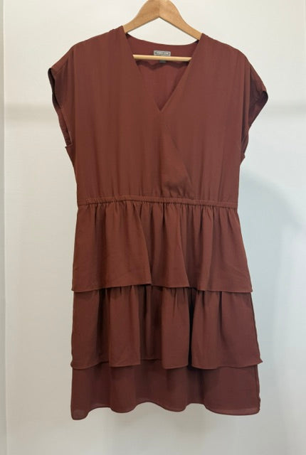 Point Sur x J.Crew Brown Surplice Ruffle Tiered Dress Sz14