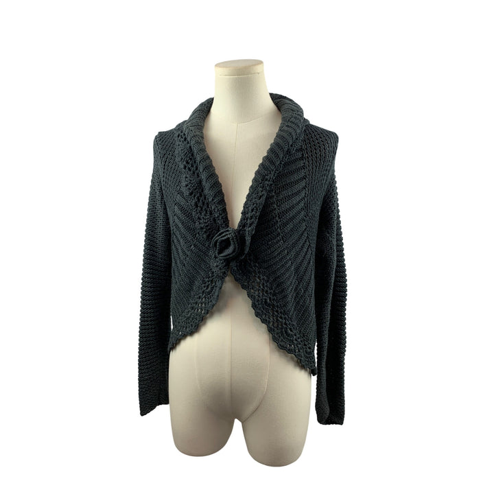 Knit Cardigan Sweater With Shawl Collar & Front Flower Detail XS
