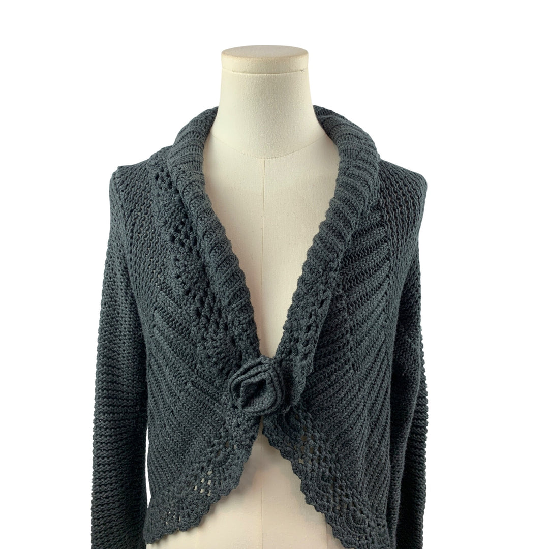 Knit Cardigan Sweater With Shawl Collar & Front Flower Detail XS