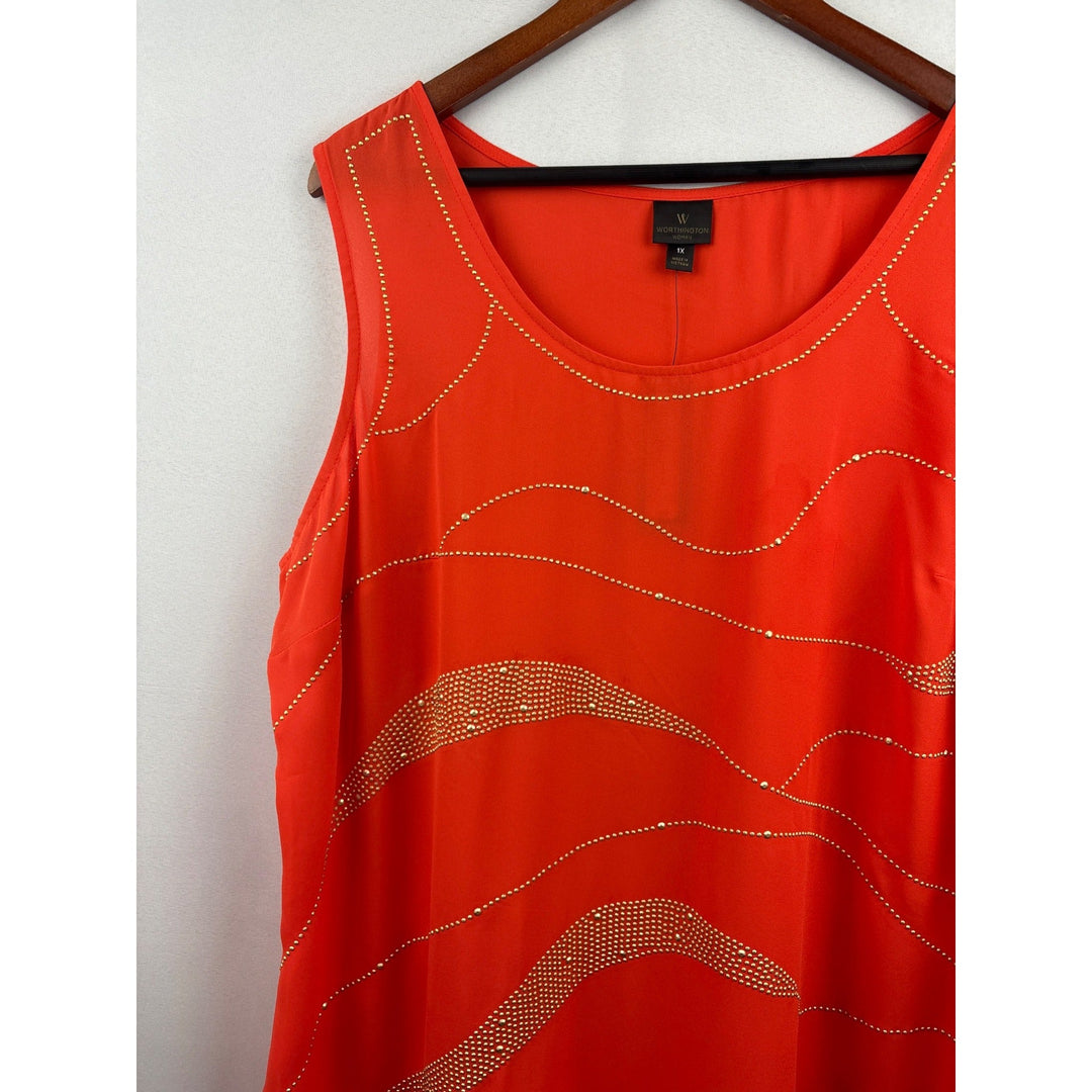 Women’s Worthington Size 1X Orange Tank with Gold Beading Design