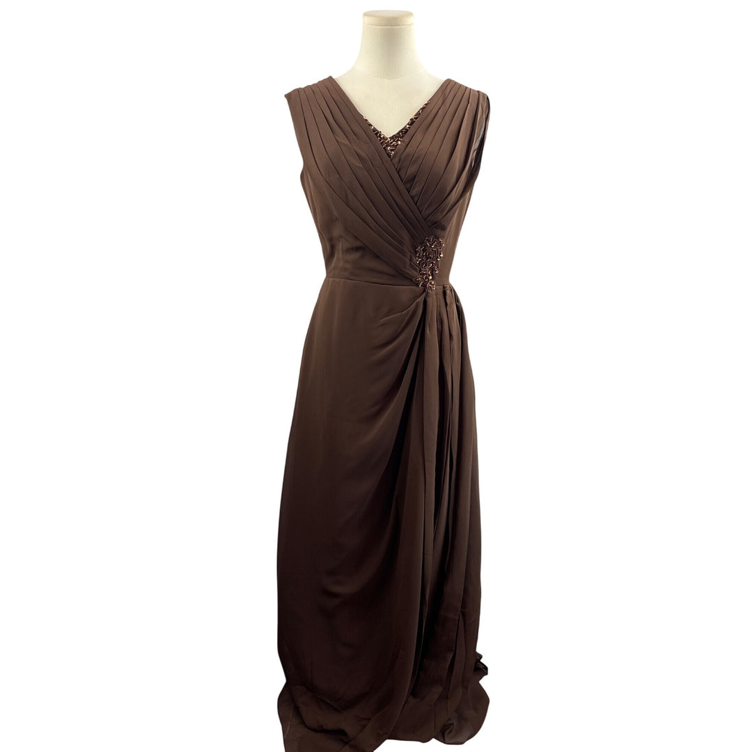 Elegant Brown Evening Gown With Beaded Embellishments & Pleated V-Neck Design