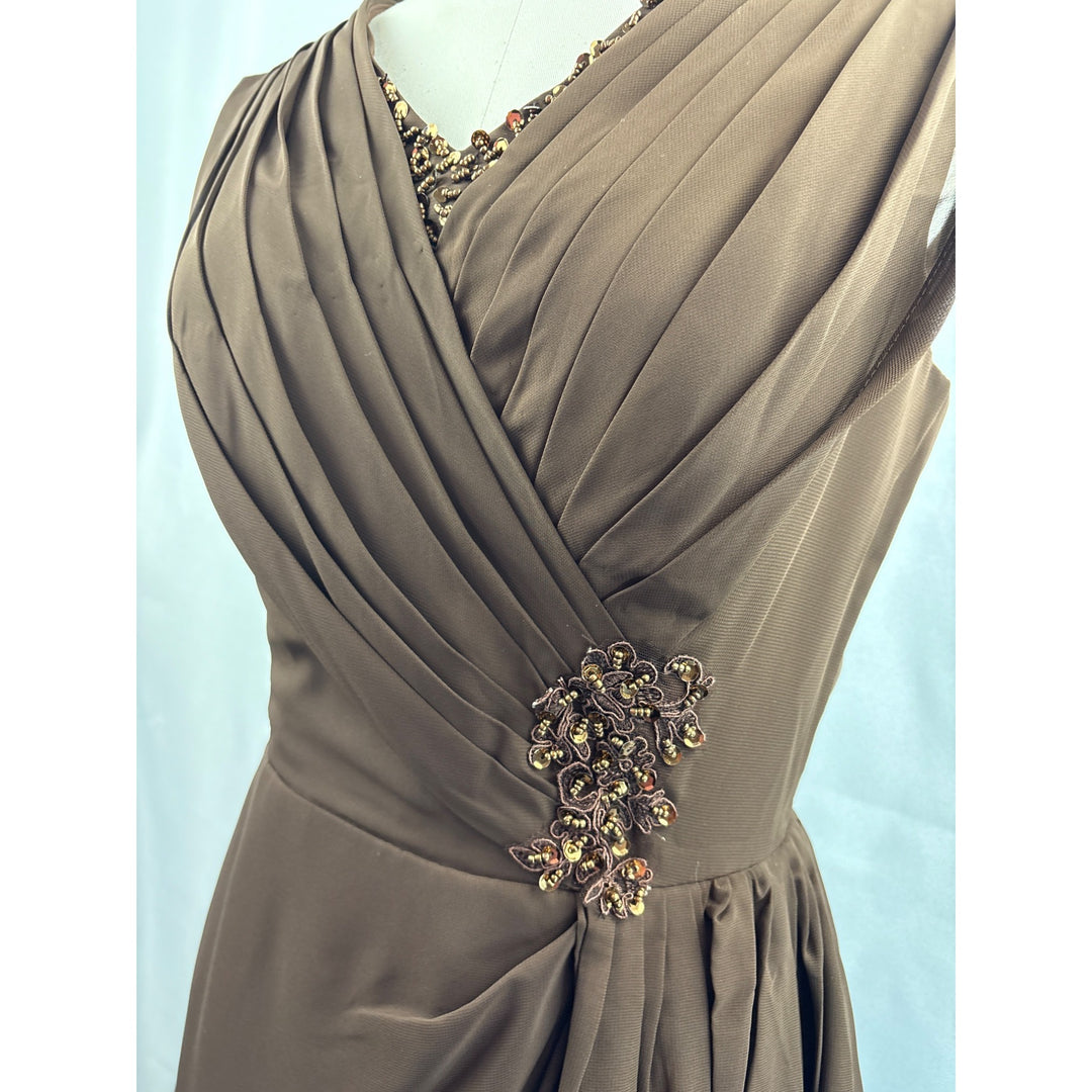 Elegant Brown Evening Gown With Beaded Embellishments & Pleated V-Neck Design