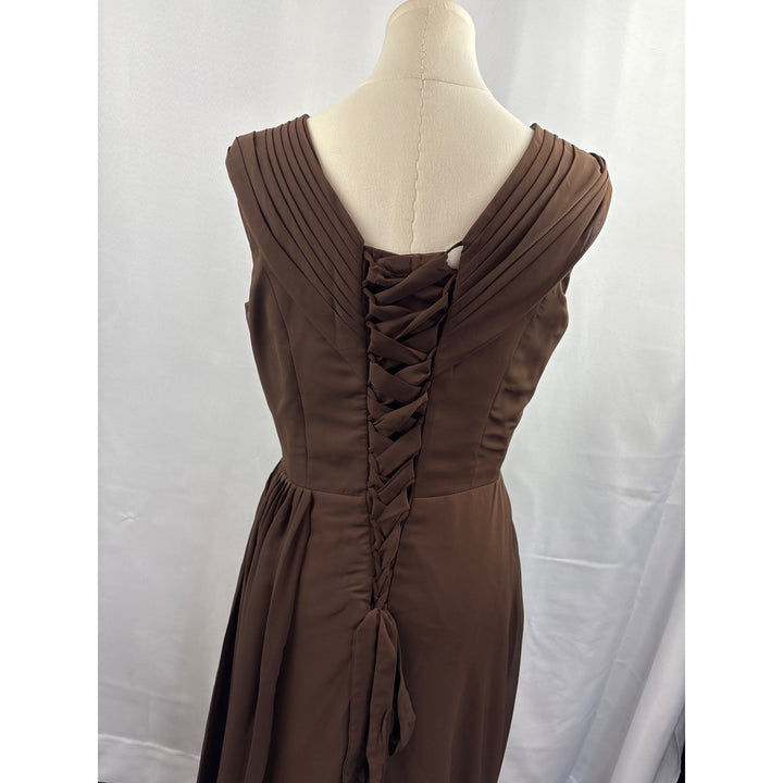 Elegant Brown Evening Gown With Beaded Embellishments & Pleated V-Neck Design