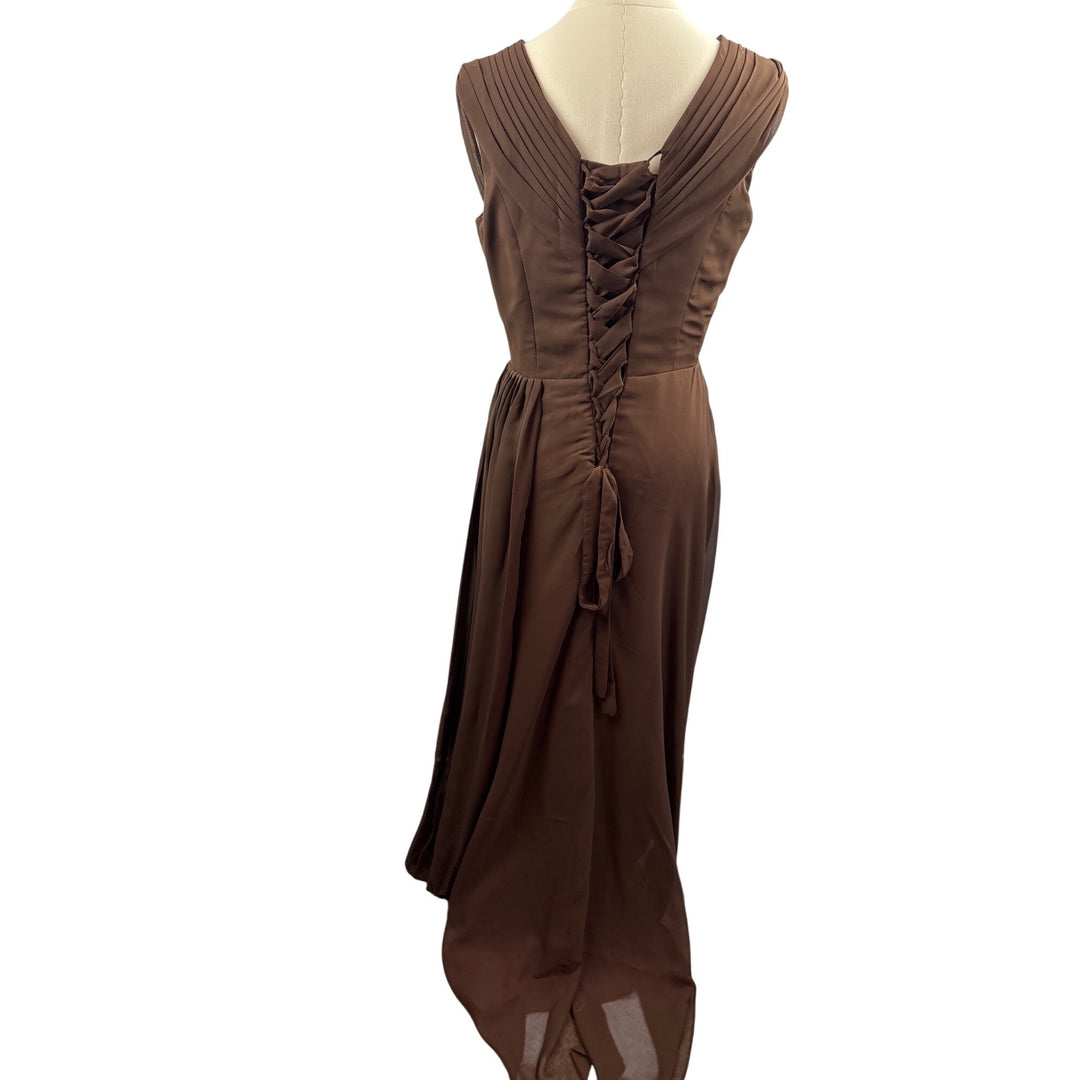 Elegant Brown Evening Gown With Beaded Embellishments & Pleated V-Neck Design