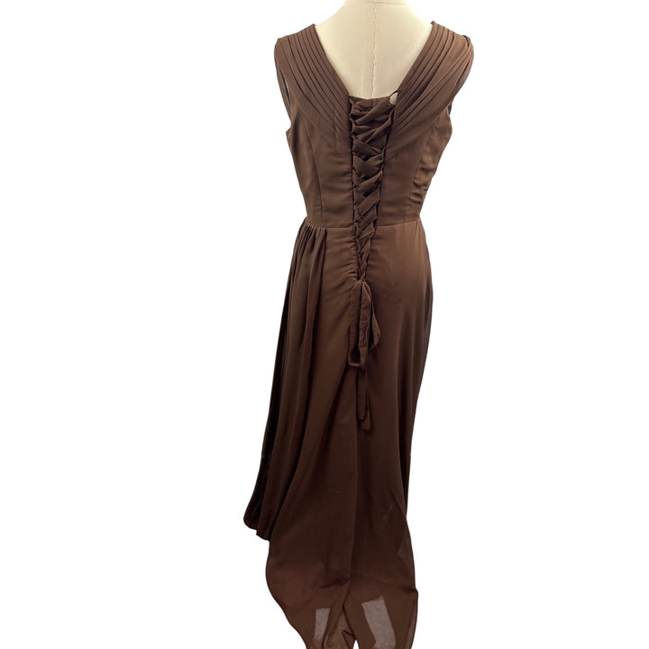 Elegant Brown Evening Gown With Beaded Embellishments & Pleated V-Neck Design