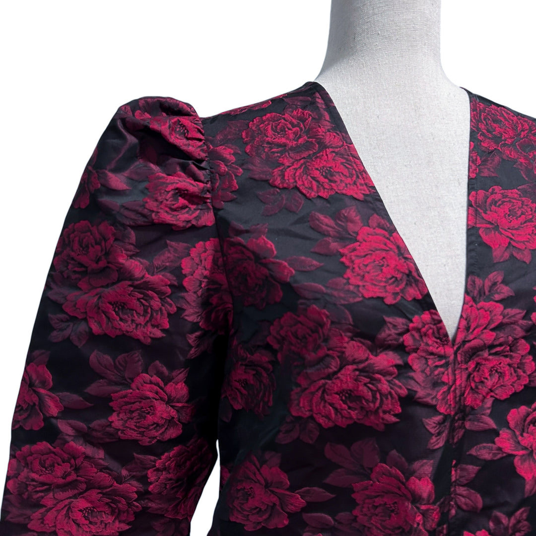 GANNI Dress 36 US Small Botanical Print Jacquard Long Sleeve Minidress in High Risk Red Cocktail