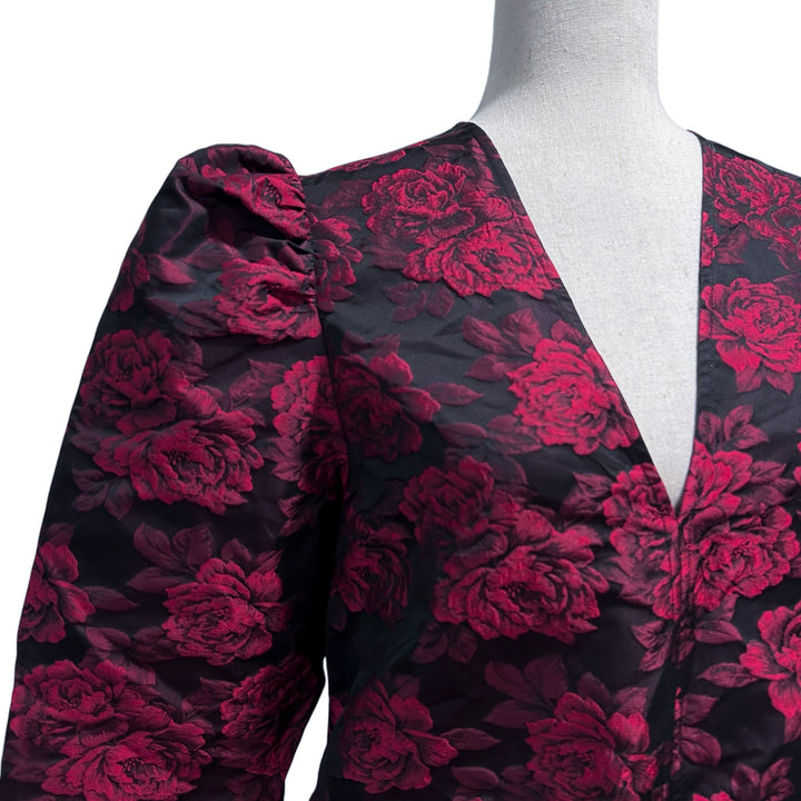 GANNI Dress 36 US Small Botanical Print Jacquard Long Sleeve Minidress in High Risk Red Cocktail