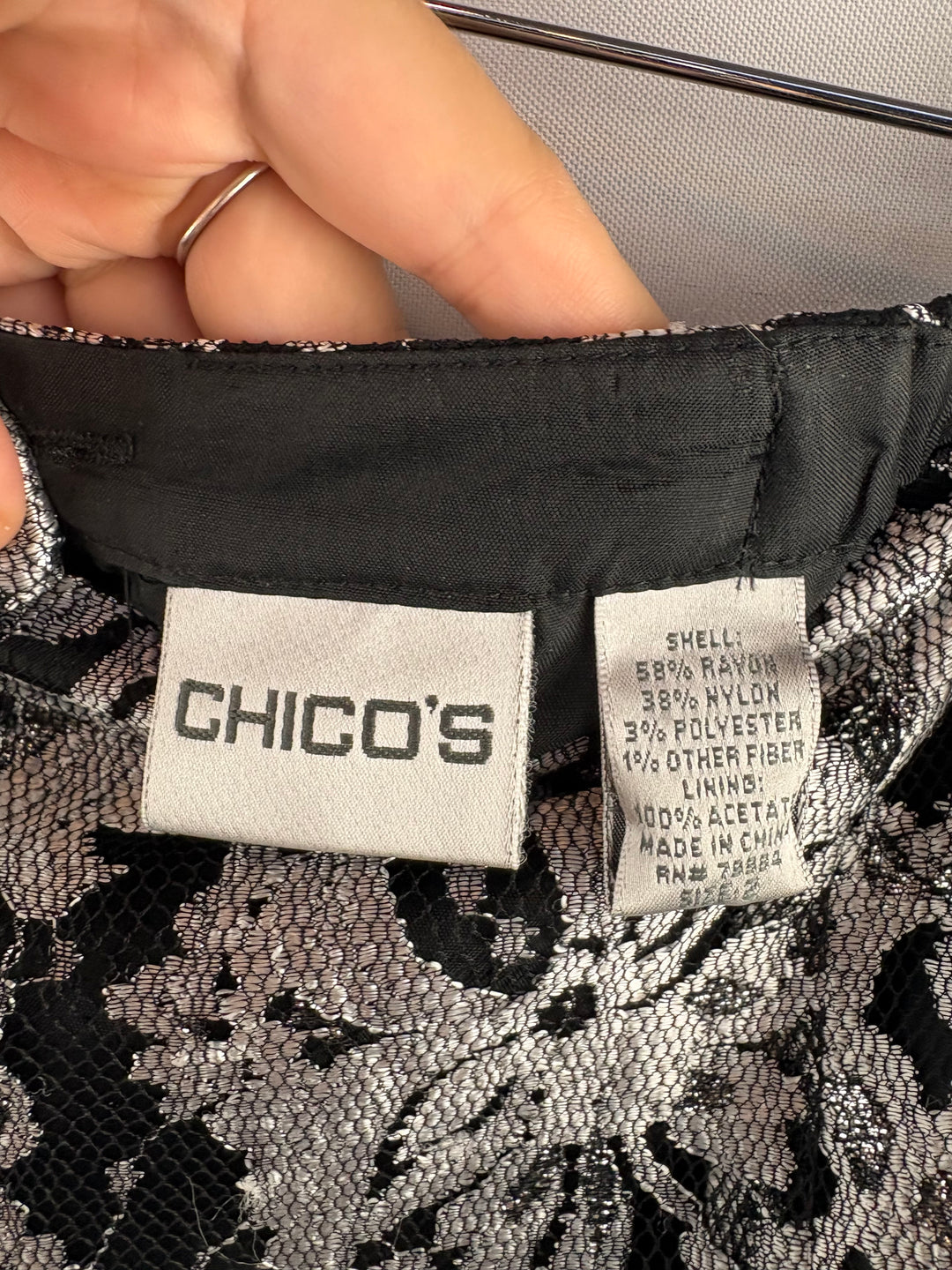Women’s Chico’s Size 12 Black w/ Silver Florals Midi Skirt